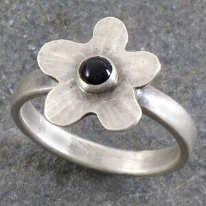 Sterling Silver 925 Flower Ring with Onyx, Size 8 3/4, Artisan Made